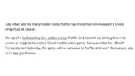 Netlfix announcing an Assassin's Creed mobile game (Image via Netflix.com)
